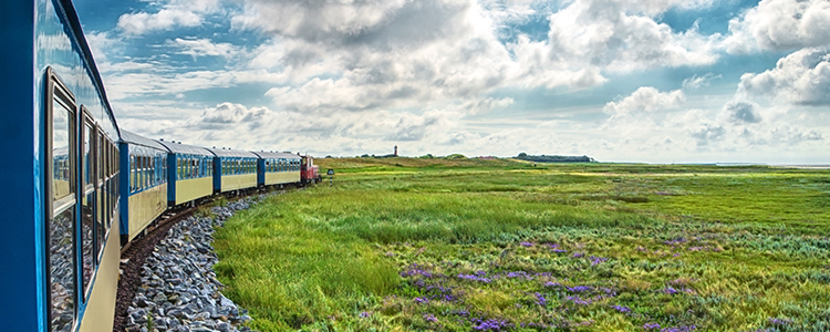 Blick aus einem hinteren Fenster auf die Inselbahn, die in sanfter Kurve unter leicht bewölktem Himmel durch die weite, blühende Salzwiesenlandschaft von Wangerooge fährt