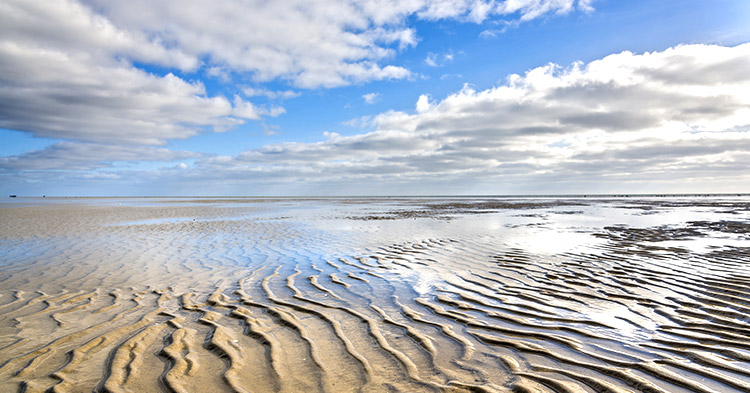 Weite Wattlandschaft bei Ebbe vor Wangerooge mit typischen Sandrippeln unter leicht bewölktem Himmel