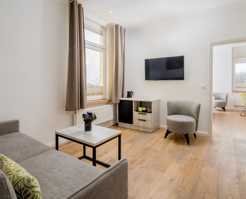 Heller Wohnbereich einer Suite im Parkhotel Wangerooge mit grauem Sofa, Sessel, Flachbild-TV und kleinem Sideboard mit Wasserkocher und Tassen